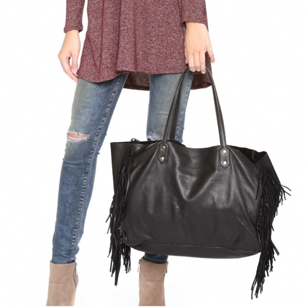 Sam Edelman Payton Fringe Tote Womens Large Black Leather Excellent Shoulder Bag